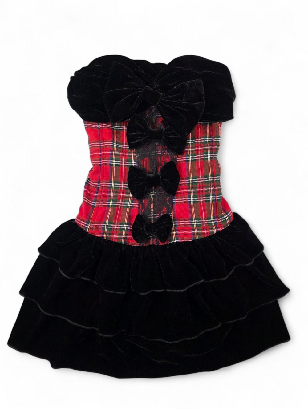 Punk Rave Plaid Corset Strapless Mini Dress L Gothic Velvet Ruffle Whimsigoth
